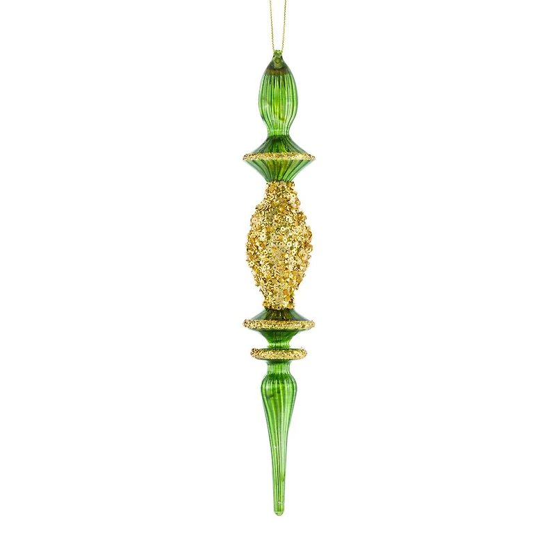 Hanging Green and Gold Glass Finial Icicle Ornament, Pack of 4