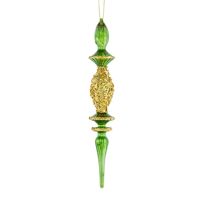 Hanging Green and Gold Glass Finial Icicle Ornament, Pack of 4