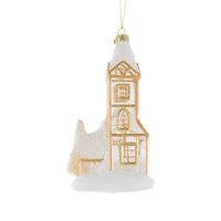 Hanging Gold Glass Snowy Chapel Ornament, Pack of 2