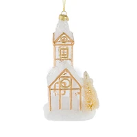 Hanging Gold Glass Snowy Chapel Ornament, Pack of 2