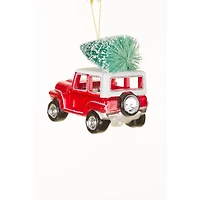 Hangable Red Glass Jeep Ornament Hauling Tree, Pack of 2
