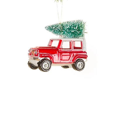 Hangable Red Glass Jeep Ornament Hauling Tree, Pack of 2