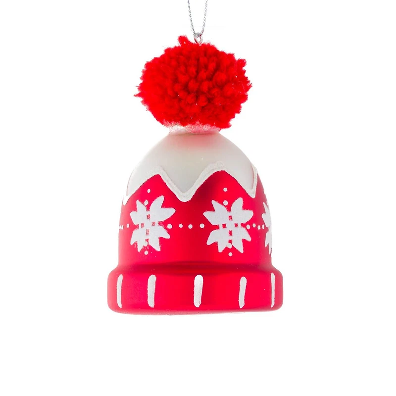 Red and White Glass Toque Ornament Pompom, Pack of 4