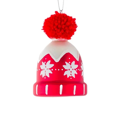 Red and White Glass Toque Ornament Pompom, Pack of 4