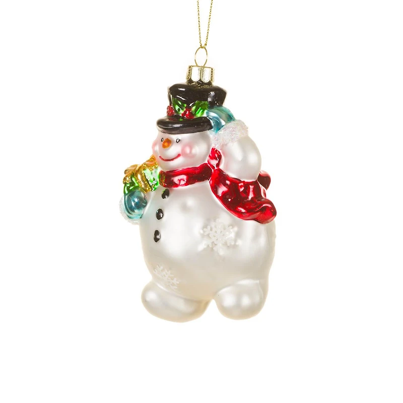 Hanging White Glass Saluting Snowman Ornament, Pack of 4