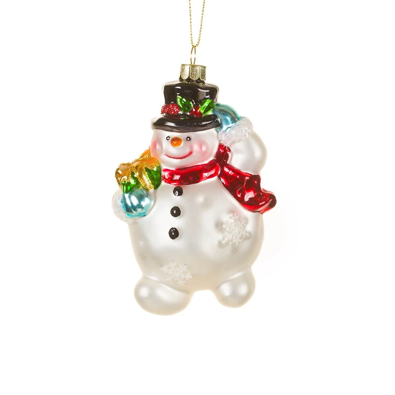 Hanging White Glass Saluting Snowman Ornament, Pack of 4