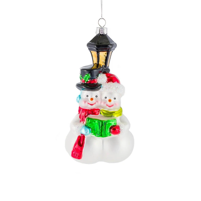Matte White Glass Caroling Snowmen Ornament Lamp Post, Pack of 3