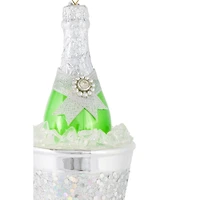 Silver Glass Champagne On Ice Ornament Green Ribbon, Pack of 3