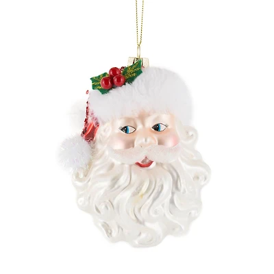 White and Red Glass Santa Head Ornament Holly, Pack of 3