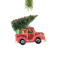 Hanging Red Glass Pick-Up Truck Ornament with Tree, Pack of 2