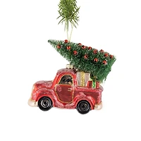 Hanging Red Glass Pick-Up Truck Ornament with Tree, Pack of 2