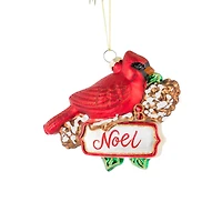Hanging Red Glass Cardinal Ornament with "Noel", Pack of 2