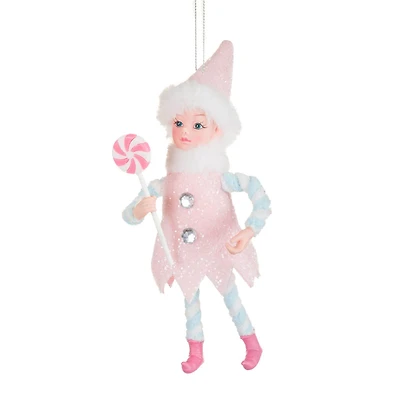 and White Fabric Elf Ornament with Lolly