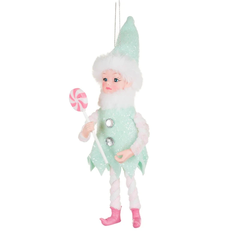 Sea Green and White Fabric Elf Ornament with Lolly, Pack of 4