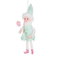 Sea Green and White Fabric Elf Ornament with Lolly, Pack of 4