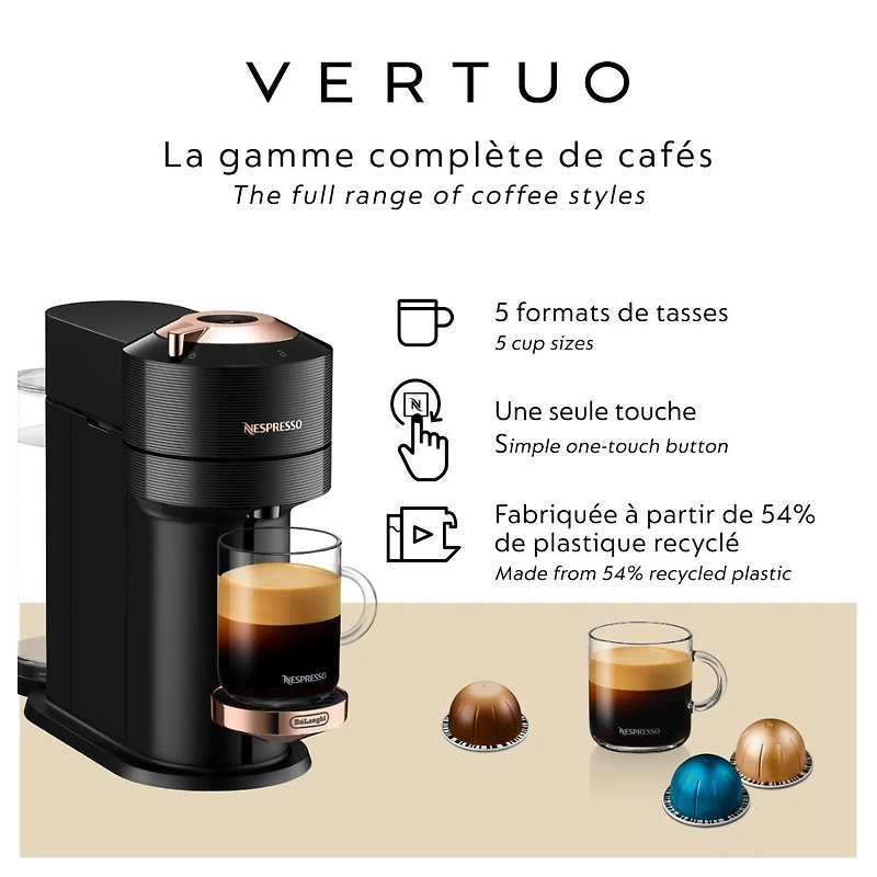 Machine à café et espresso à capsule Nespresso® Vertuo Next Premium par De'Longhi - Noir et rose doré