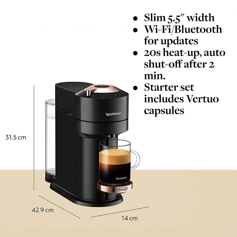 Nespresso® Vertuo Next Premium Coffee & Espresso Capsule Machine  by De'Longhi - Black Rose Gold