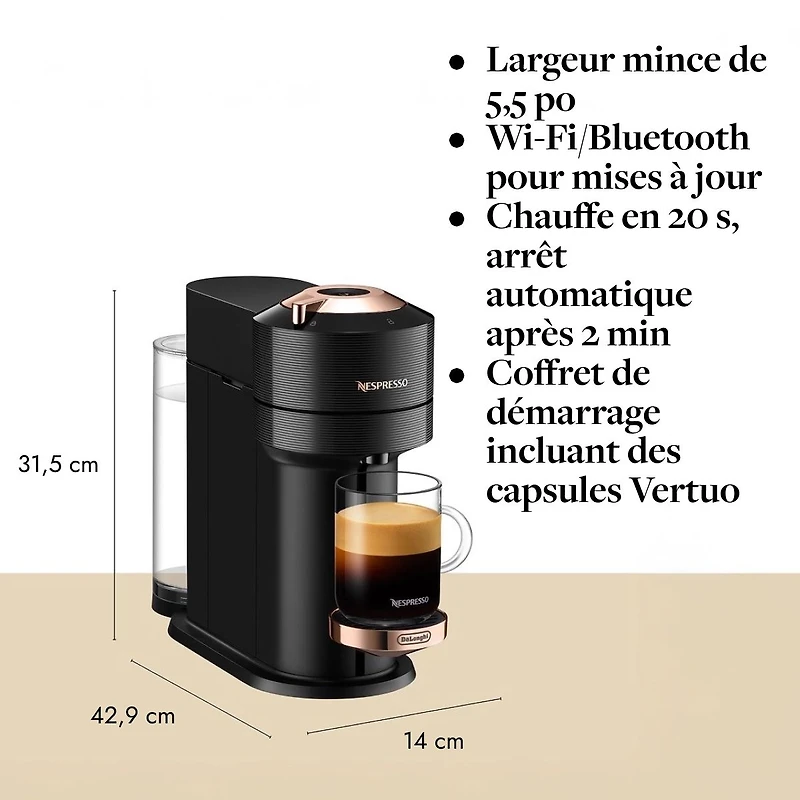 Machine à café et espresso à capsule Nespresso® Vertuo Next Premium par De'Longhi - Noir et rose doré