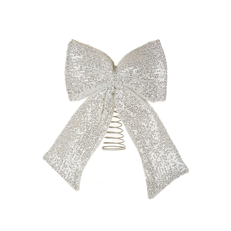 Sequin Silver and White Fabric Ribbon Tree Topper