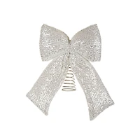 Sequin Silver and White Fabric Ribbon Tree Topper