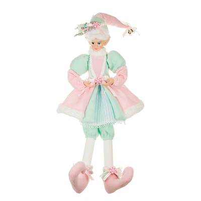Sitting Sparkly Pastel Pink and White Fabric Elf Figurine Posable Limbs