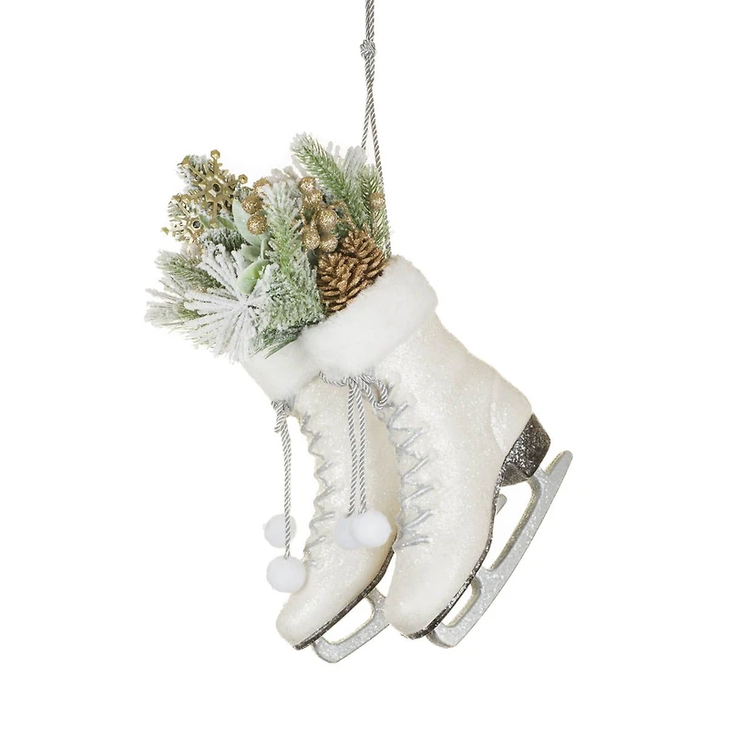 Sparkly White Plastic Ice Skates Ornament with Snowy Branches