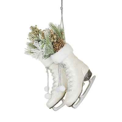 Sparkly White Plastic Ice Skates Ornament with Snowy Branches