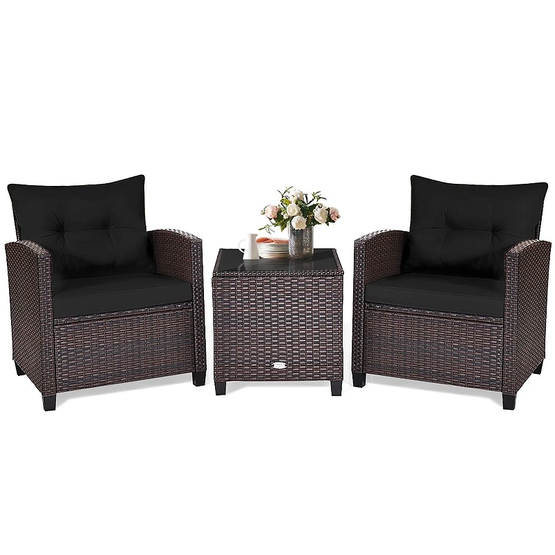 3-Piece Cushioned Rattan Patio Conversation Set, Coffee Table