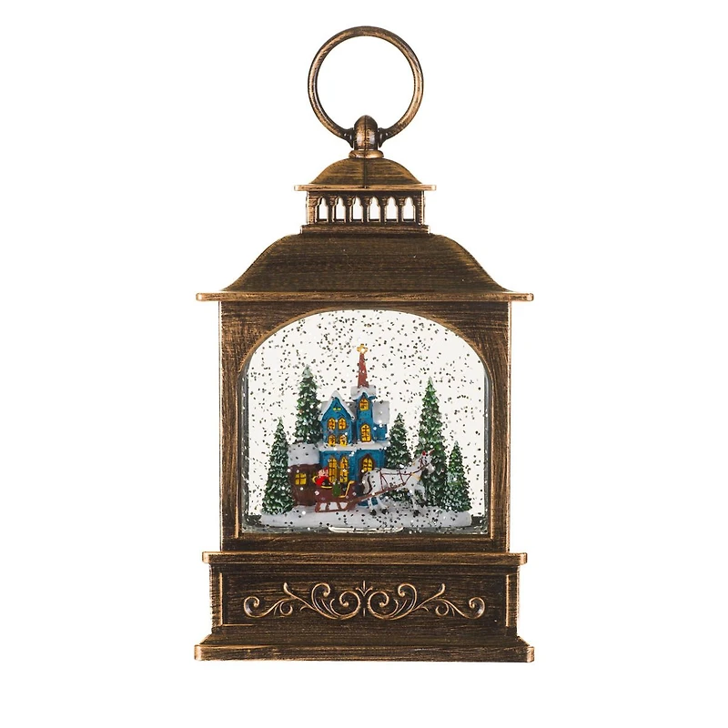 Musical Bronze Plastic Lantern Warm White LED Snow Globe Winter Joyride
