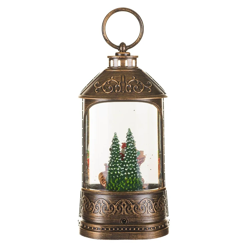 Musical Bronze Plastic Lantern Warm White LED Snow Globe Waving Santa In Sleigh