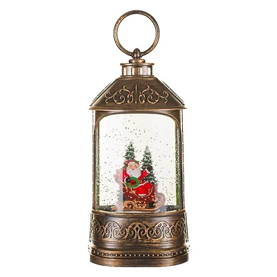 Musical Bronze Plastic Lantern Warm White LED Snow Globe Waving Santa In Sleigh