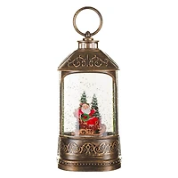 Musical Bronze Plastic Lantern Warm White LED Snow Globe Waving Santa In Sleigh