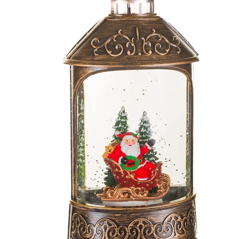 Musical Bronze Plastic Lantern Warm White LED Snow Globe Waving Santa In Sleigh