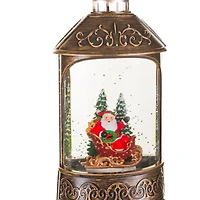 Musical Bronze Plastic Lantern Warm White LED Snow Globe Waving Santa In Sleigh