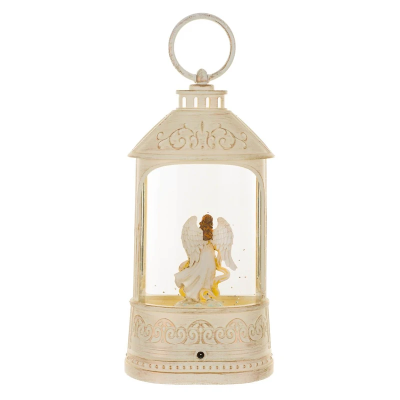Musical White Plastic Lantern LED Snow Globe Peaceful Angel and Swirling Glitter