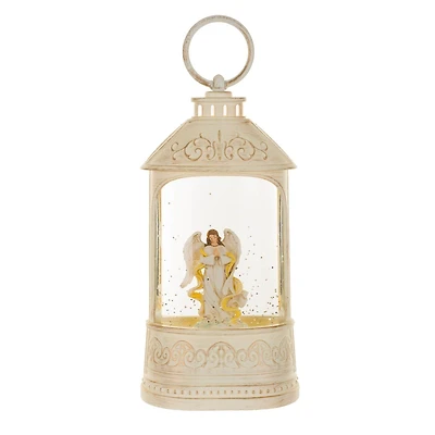 Lanterne musicale en plastique blanc avec Boule à neige DEL ange paisible et paillettes