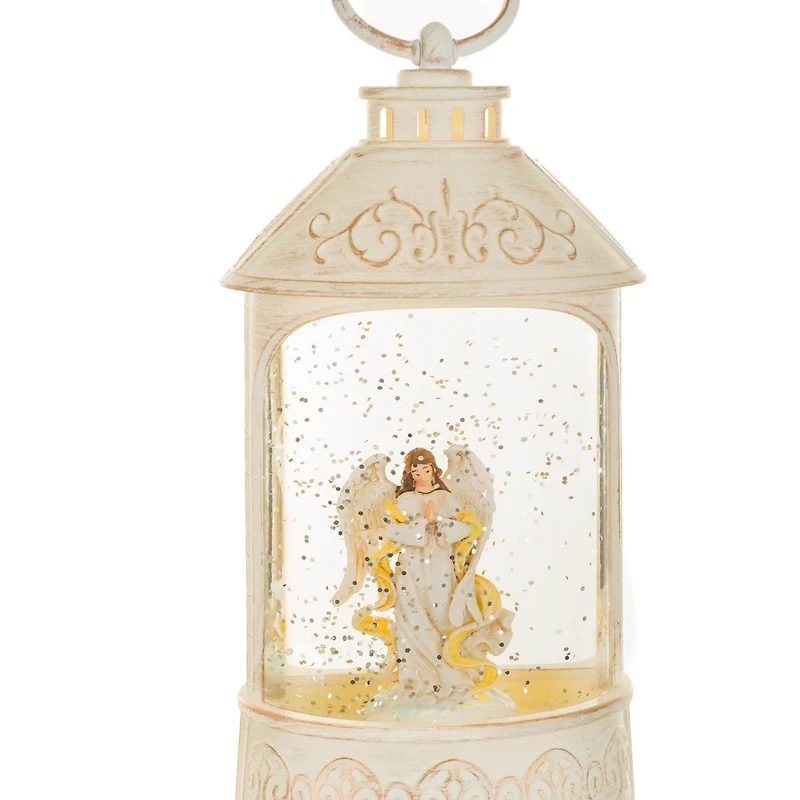 Musical White Plastic Lantern LED Snow Globe Peaceful Angel and Swirling Glitter