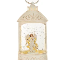 Musical White Plastic Lantern LED Snow Globe Peaceful Angel and Swirling Glitter