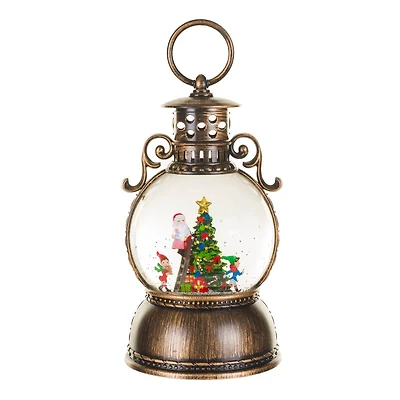 Musical Bronze Plastic Lantern Warm White LED Snow Globe Santa's Tree and Swirling Glitter