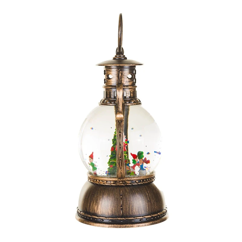 Musical Bronze Plastic Lantern Warm White LED Snow Globe Santa's Tree and Swirling Glitter