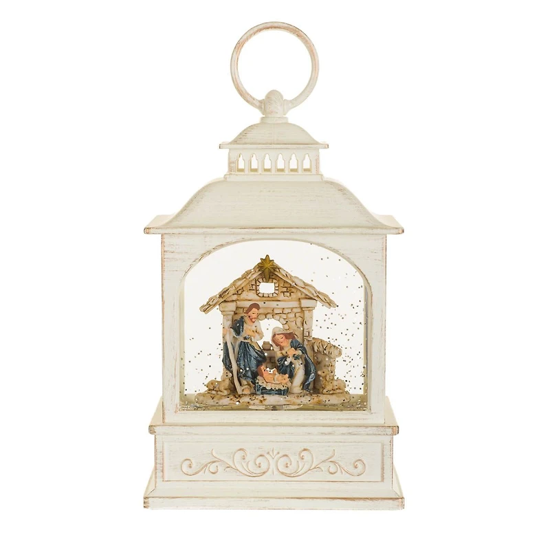 Musical White Plastic Lantern Warm White LED Snow Globe Nativity Scene