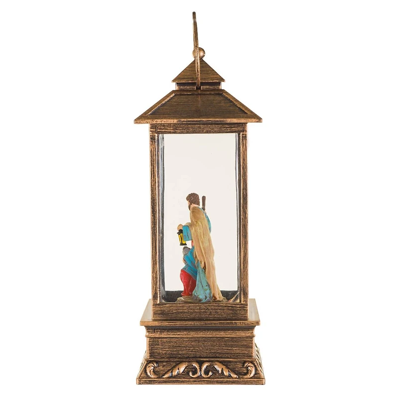 Lanterne musicale en plastique bronze avec DEL blanc chaud Boule à neige famille voyageuse