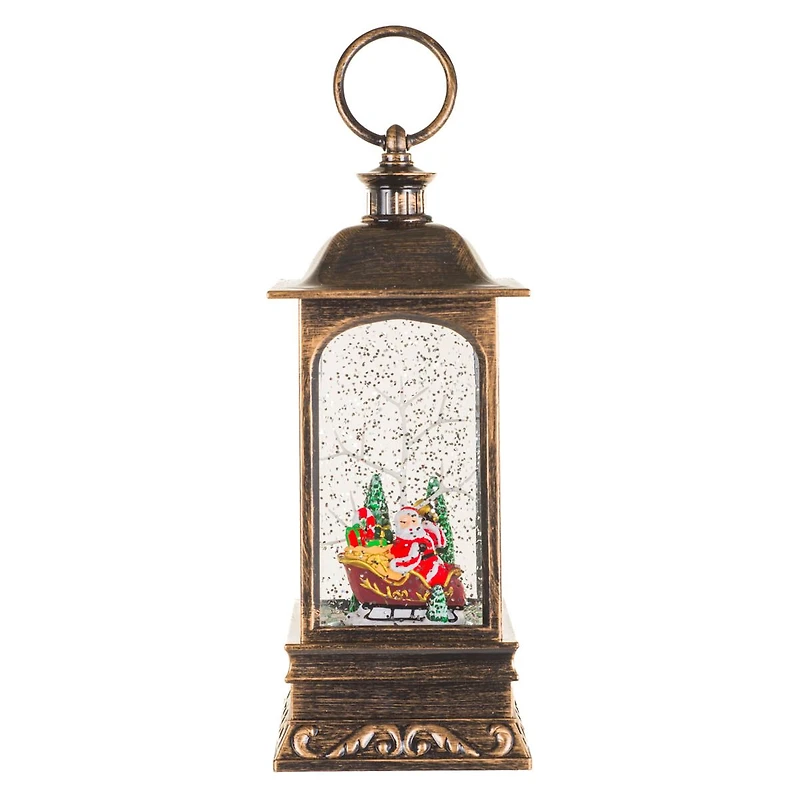 Musical Bronze Plastic Lantern Warm White LED Snow Globe Santa In Sleigh