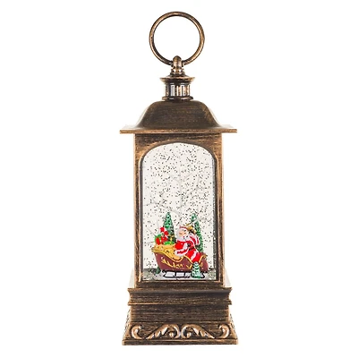 Musical Bronze Plastic Lantern Warm White LED Snow Globe Santa In Sleigh
