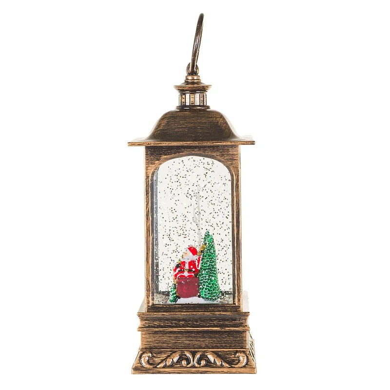 Musical Bronze Plastic Lantern Warm White LED Snow Globe Santa In Sleigh