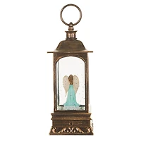 Musical Bronze Plastic Lantern Warm White LED Snow Globe Angel and Swirling Glitter