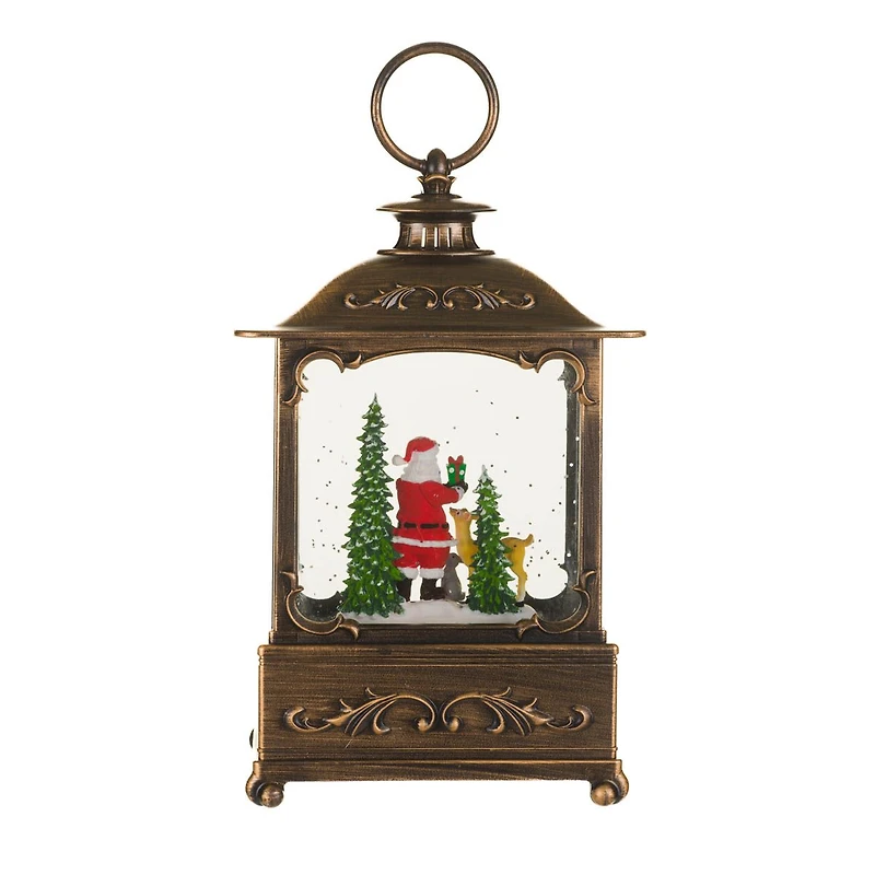 Musical Bronze Plastic Lantern Warm White LED Snow Globe Santa & Forest Animals