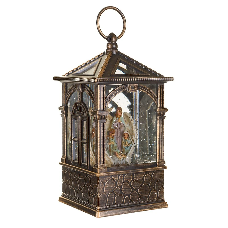 Musical Bronze Plastic Lantern Warm White LED Snow Globe Nativity Scene
