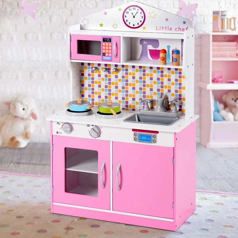 Kids Wooden Pretend Cooking Playset Cookware Play Set Kitchen Toys Toddler Gift - Pink