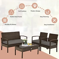 4-Piece Patio Rattan Cushioned Furniture Set with Loveseat and Table